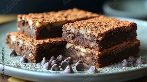 Triple chocolate brownies with chocolate chips, dusted with cocoa powder photo