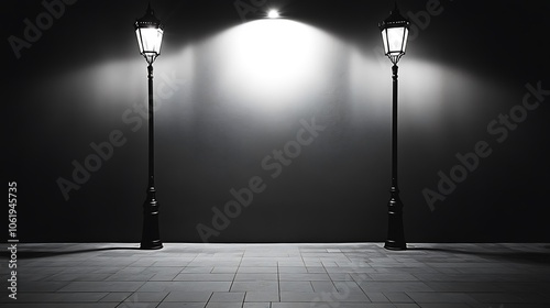 Two street lamps illuminate a blank wall at night.