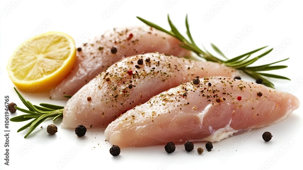 Fresh raw chicken with spices isolated on white Fresh raw chicken with spices isolated on white
