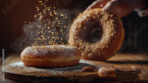 A person is caught mid-bite with a giant donut, crumbs scattering across the table, symbolizing indulgence in sweets. photo