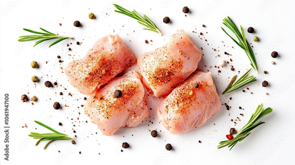 Fresh raw chicken with spices isolated on white Fresh raw chicken with spices isolated on white