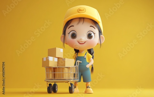 Adorable 3D cartoon character of a female delivery service worker, featuring a playful design with a cap and a delivery cart filled with packages photo