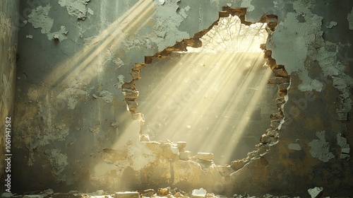 Arrowshaped holes in a decayed wall, light streaming through, 3D illustration photo