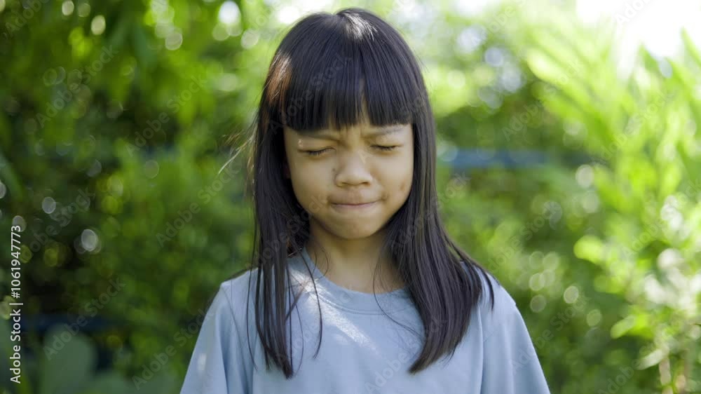 Asian elementary school age kid girl with a sad face and pretends to cry, wiping her tears away to get attention from her family. isolated green garden background. Asian elementary school age kid girl with a sad face and pretends to cry, wiping her tears away to get attention from her family. isolated green garden background.