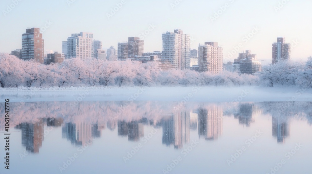 Obraz premium Serene Winter Reflection: Snowy City Skyline Mirrored in Calm Lake with Dreamlike Fog and Soft Light Creating an Ultra-Detailed Scene