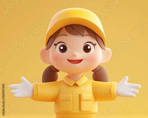 Colorful 3D cartoon character of a female delivery service worker, featuring bright colors and a cheerful expression, perfect for a logistics theme photo