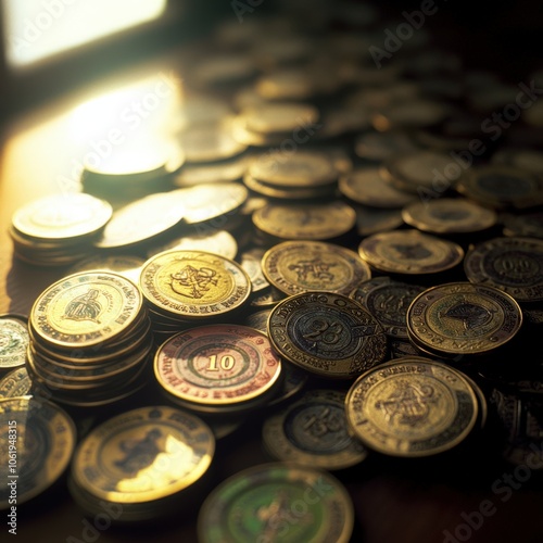 Pile of antique gold coins with intricate designs