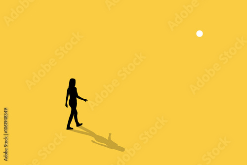 Business woman walking to next level. creative solution, goal, success, stereotype, vector concept. Symbol of challenge