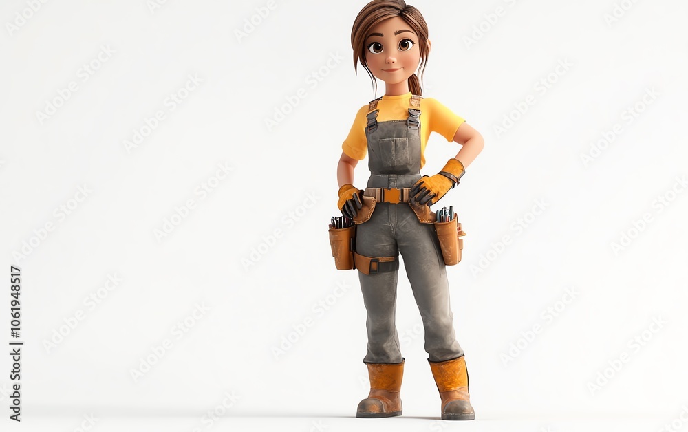 Delightful 3D render of a female construction worker as a cartoon character, wearing work gloves and boots, placed on a bright white background Delightful 3D render of a female construction worker as a cartoon character, wearing work gloves and boots, placed on a bright white background