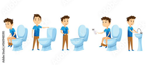 Kid use bathroom icon set. Baby boy using toilet. Cartoon funny preschool kid training to use toilet, isolated on white. Vector illustration infographic how to use the toilet