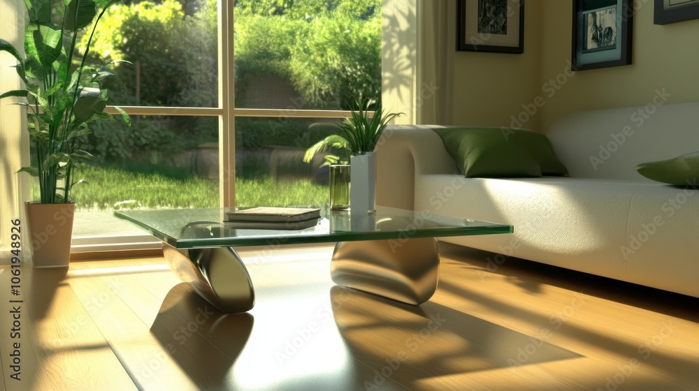 Fototapeta premium Modern Living Room with Glass Coffee Table and Plants