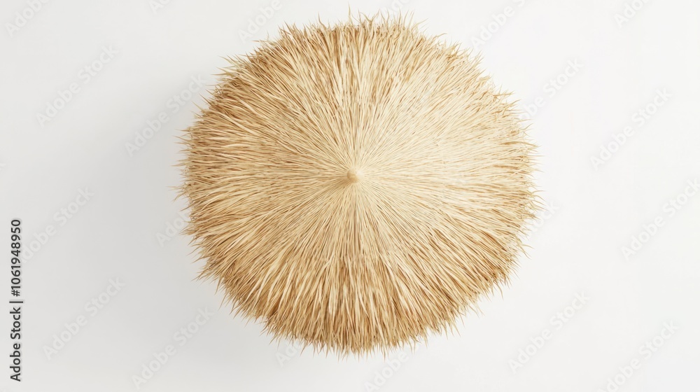 Round straw beach umbrella with frayed edges floating on a white background Round straw beach umbrella with frayed edges floating on a white background