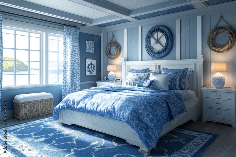 Obraz premium Coastal Bedroom Interior Design with Ocean View Blue and White Decor Nautical Theme