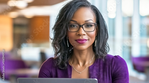 Confident businesswoman smiling while working on laptop in office