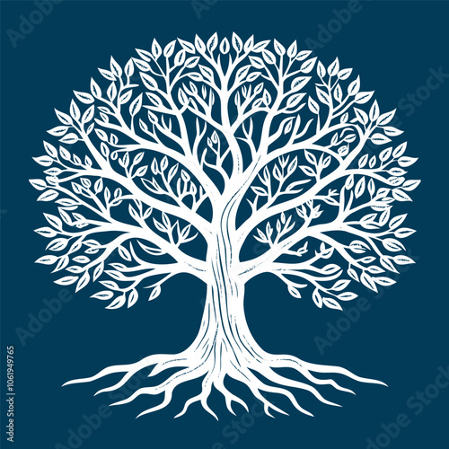 Intricate White Tree Illustration on Dark Blue Background