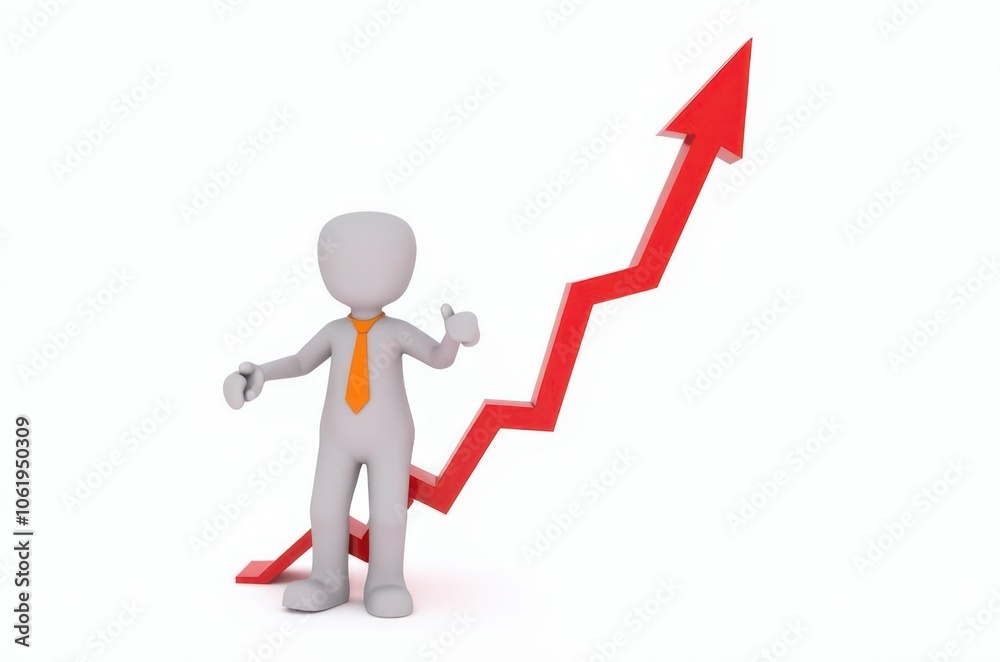 3d man red arrow success chart on white background.