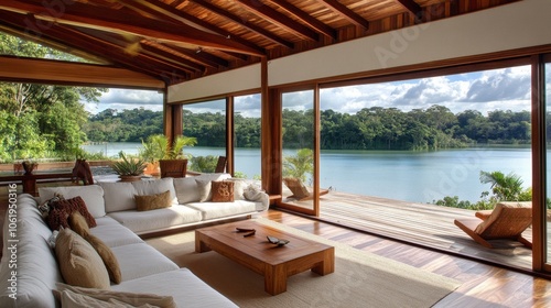 Serene Tropical Living Room with Scenic Lake View