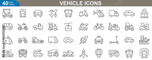 Vehicle line icons set. Car, motorcycle, truck, bus, van, taxi, ambulance, tractor, helicopter and more. vector illustration.