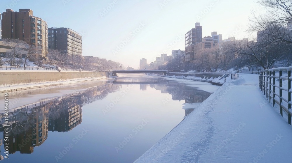 Obraz premium Serene Winter Scene: Snowy Riverbank in City with Reflecting Buildings in Soft Light - Ultra Detailed Cityscape