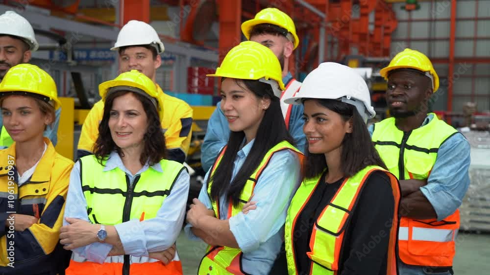 group of diversity engineer factory worker standing cross arms in a row together at industrial manufacturing factory. Professional team of labor or employee . Unity and teamwork group of diversity engineer factory worker standing cross arms in a row together at industrial manufacturing factory. Professional team of labor or employee . Unity and teamwork