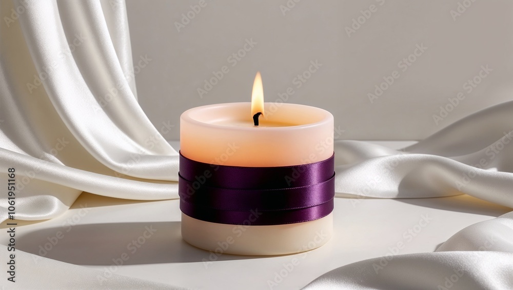 Lit candle wrapped in a purple awareness ribbon on satin fabric Lit candle wrapped in a purple awareness ribbon on satin fabric