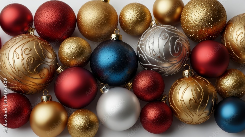 Holiday Christmas Ornaments in Rich Red, Gold and Silver on White Background Holiday Christmas Ornaments in Rich Red, Gold and Silver on White Background