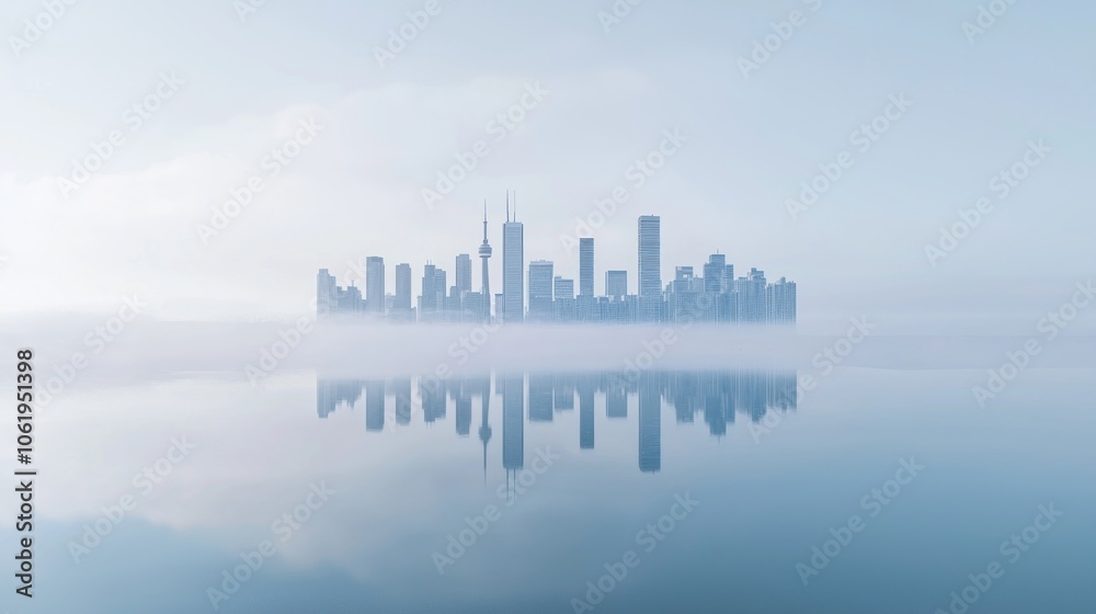 Fototapeta premium Winter Wonderland: City Skyline Reflection on Calm Lake with Foggy Winter Atmosphere