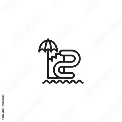 Beach umbrella and slide. Water park icon. Water slide and umbrella icon. Simple line art water slide.