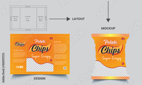 potato chips packaging template design, vector illustrations with mockup, crispy ripple potato chips
