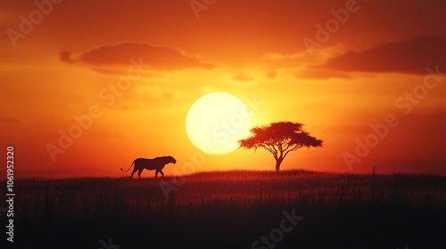 Majestic African safari with wild animal silhouettes at sunset image