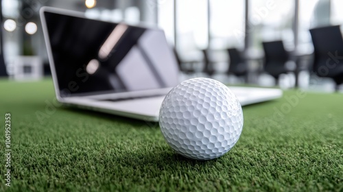 Obraz na płótnie Golf ball on artificial grass near a laptop in a modern workspace. w salonie