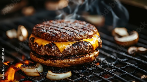  Juicy, double-stacked cheeseburger on grill, topped with melted cheese, emitting smoky aroma of outdoor barbecue. photo