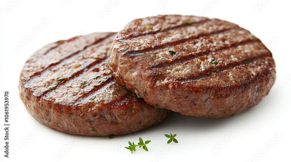 Two grilled hamburger patties isolated on white. Two grilled hamburger patties isolated on white.