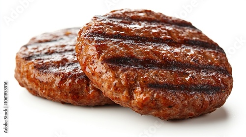 Two grilled hamburger patties isolated on white.