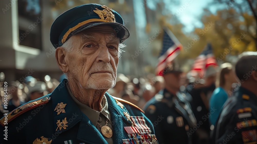  Elderly military veteran in uniform at a commemorative event, surrounded by flags. His expression reflects pride, resilience, and solemnity honoring service.