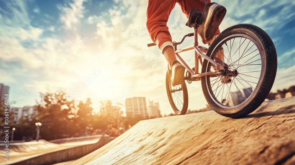 Obraz premium A BMX rider performing a trick on a ramp during sunset.