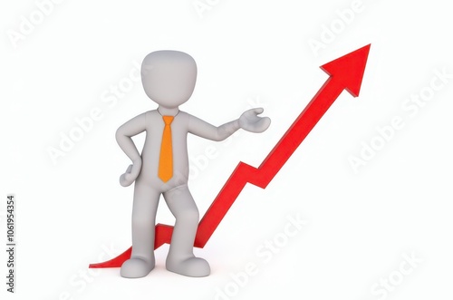 3d man red arrow success chart on white background.