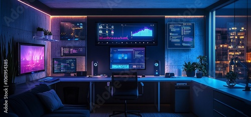 Modern office with desk, chairs and multiple computer screens in a dark room at night.