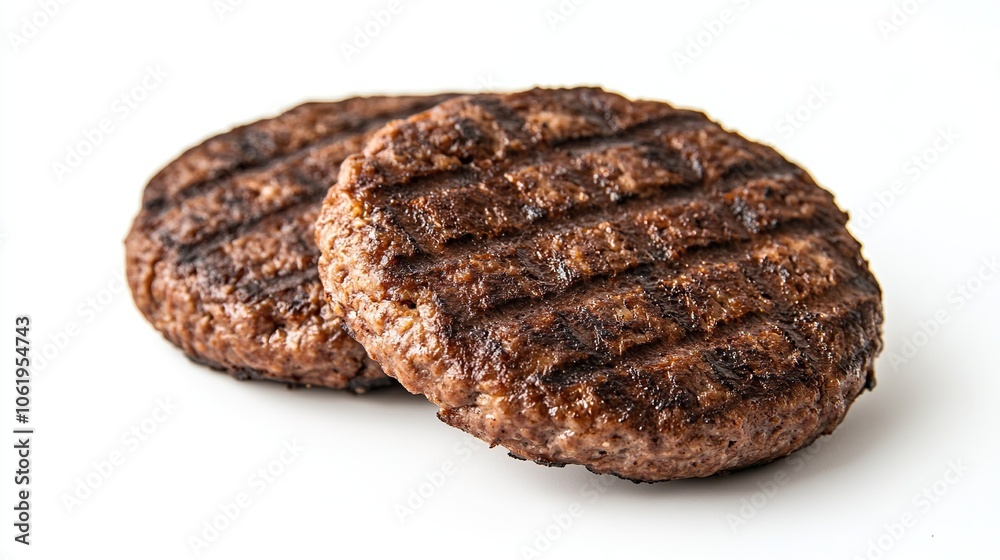 Two grilled hamburger patties isolated on white. Two grilled hamburger patties isolated on white.