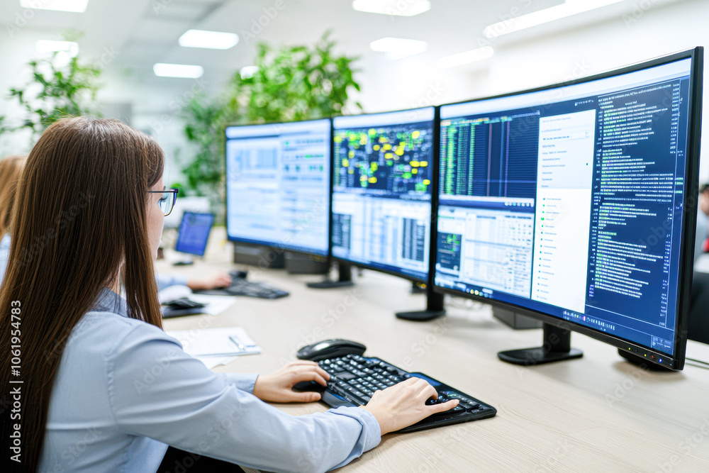 A focused data analyst at work an insight into modern technology and productivity in a high-tech office environment A focused data analyst at work an insight into modern technology and productivity in a high-tech office environment