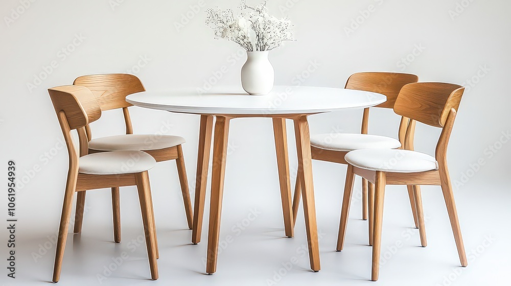 Modern dining area with round white table and four light wood minimalist chairs, clean and stylish setup, bright and contemporary space for dining. Modern dining area with round white table and four light wood minimalist chairs, clean and stylish setup, bright and contemporary space for dining.