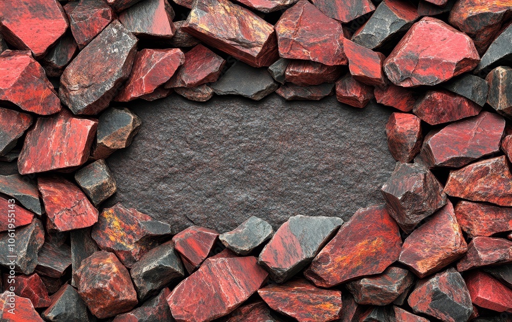 A textured border of red and black stones framing a blank slate, ideal for backgrounds or designs. A textured border of red and black stones framing a blank slate, ideal for backgrounds or designs.