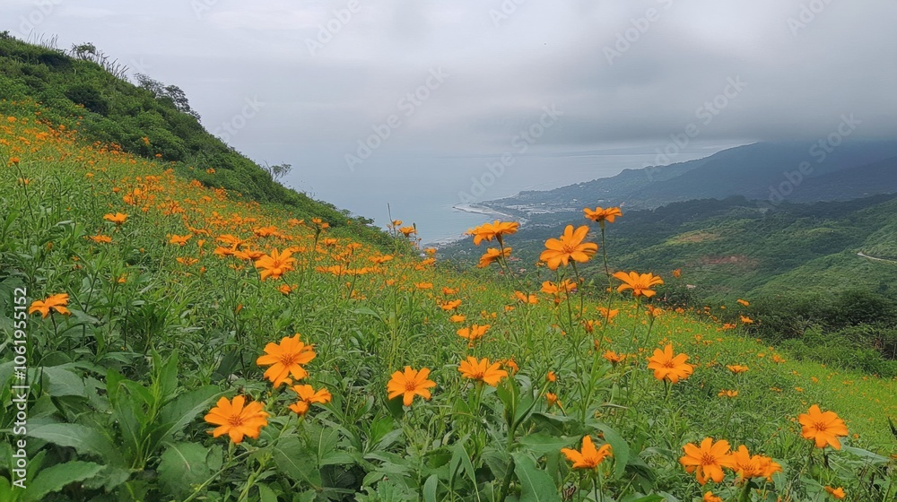 Fototapeta premium Vibrant Orange Flowers on Coastal Hilltop Landscape