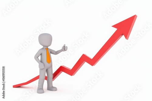 3d man red arrow success chart on white background.