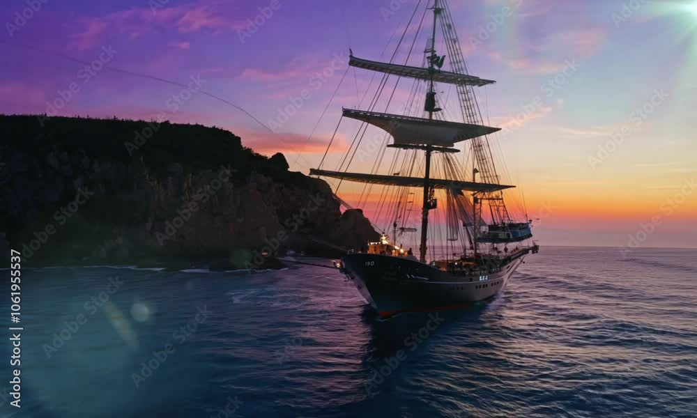 Aerial time-lapse of Historic ship sailing through ocean waves at sunset near a rugged coastal landscape Aerial time-lapse of Historic ship sailing through ocean waves at sunset near a rugged coastal landscape