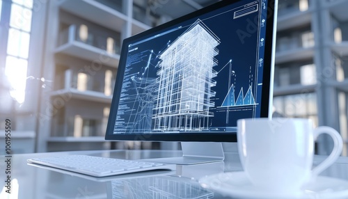 A modern workspace featuring a computer displaying architectural designs, with a coffee cup beside it, set in a bright office environment.