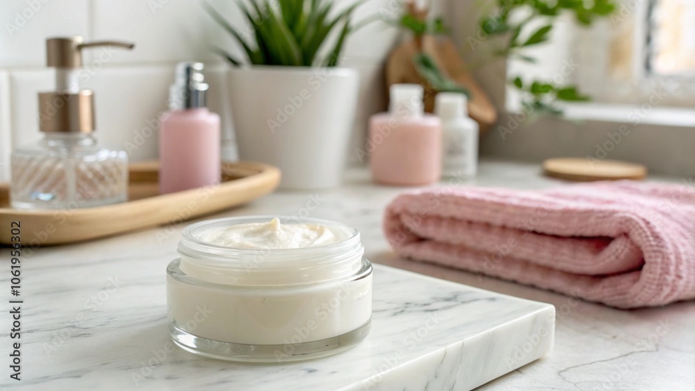 A modern bathroom countertop with a glass jar of cream, a towel and a soap dispenser on a marble surface. A green plant in a ceramic pot adds freshness to a bright and clean environment, reflecting th A modern bathroom countertop with a glass jar of cream, a towel and a soap dispenser on a marble surface. A green plant in a ceramic pot adds freshness to a bright and clean environment, reflecting th