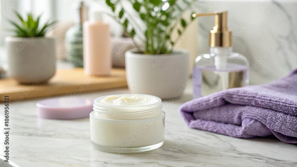 A modern bathroom countertop with a glass jar of cream, a towel and a soap dispenser on a marble surface. A green plant in a ceramic pot adds freshness to a bright and clean environment, reflecting th A modern bathroom countertop with a glass jar of cream, a towel and a soap dispenser on a marble surface. A green plant in a ceramic pot adds freshness to a bright and clean environment, reflecting th