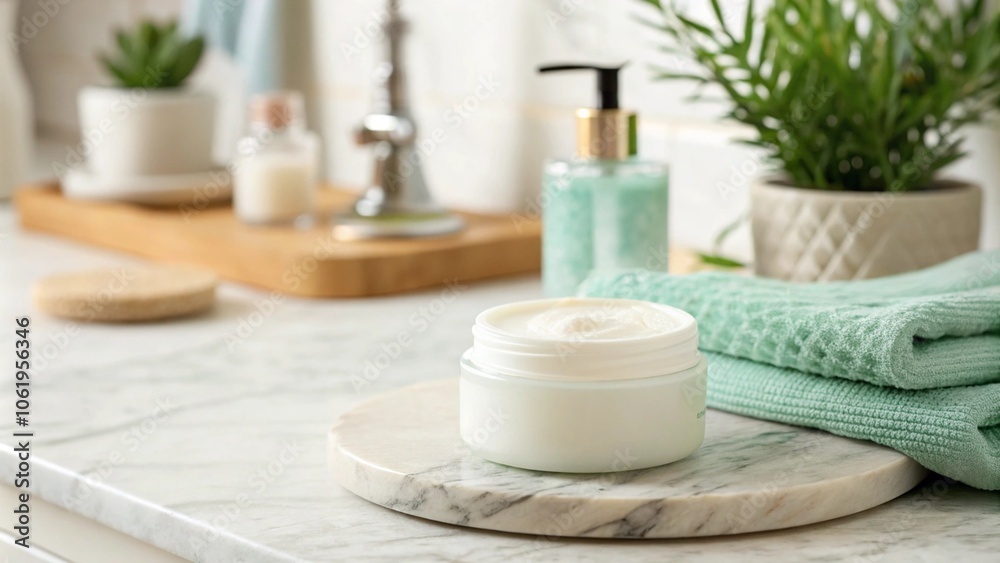 A modern bathroom countertop with a glass jar of cream, a towel and a soap dispenser on a marble surface. A green plant in a ceramic pot adds freshness to a bright and clean environment, reflecting th