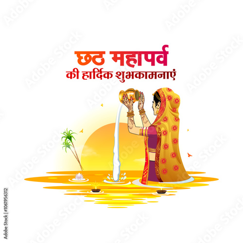 Happy Chhath Puja. Indian hindu biggest worship of god sun festival with Hindi typography.